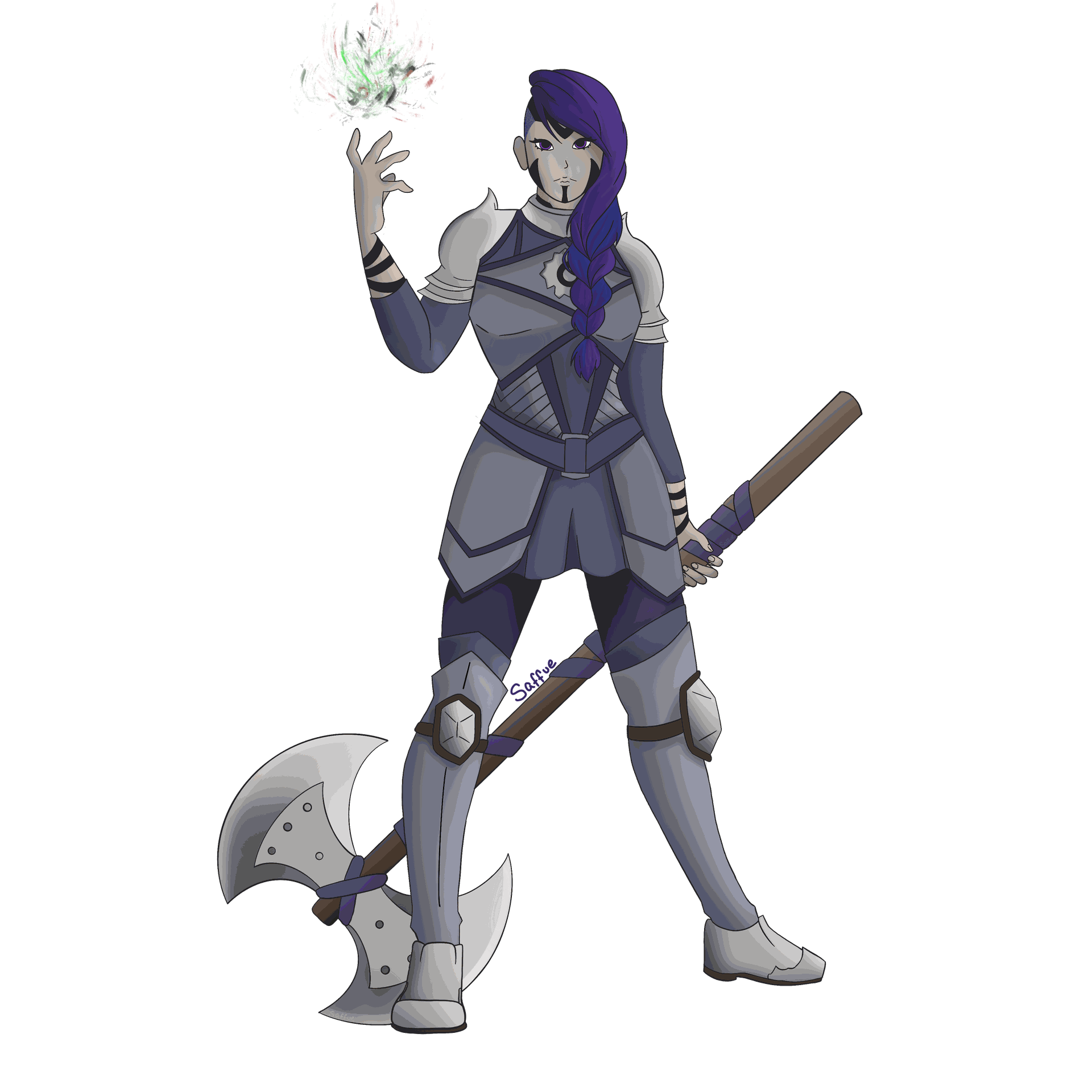 Half giant woman, Full shading, full body, holding a great axe and casting a spell