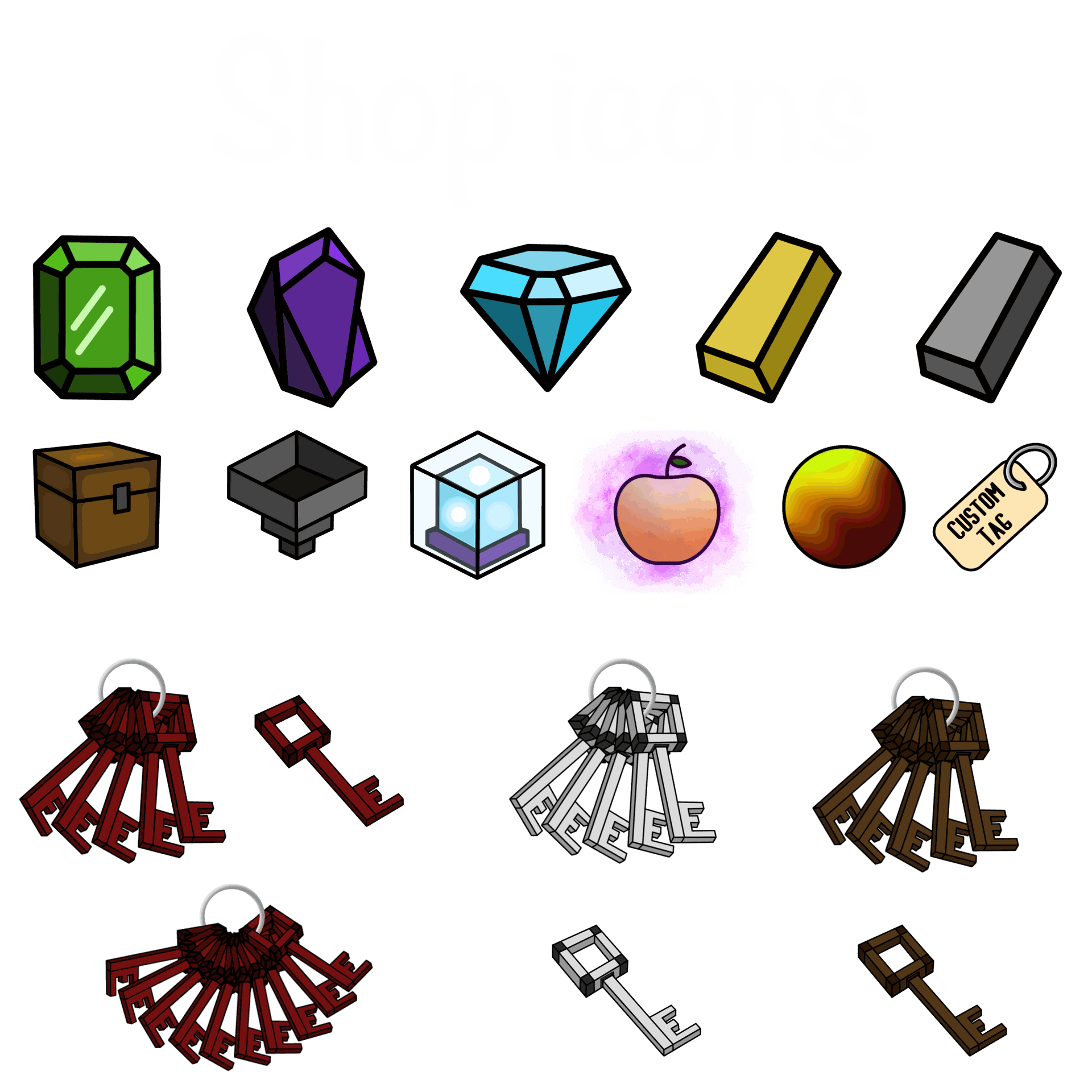 Various shop icons including ranks, items, keys, bundle and more